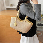 Sac cabas femme en paille tressée et similicuir, zippé