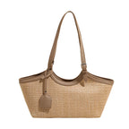 Sac cabas femme en paille tressée et similicuir, zippé, gris