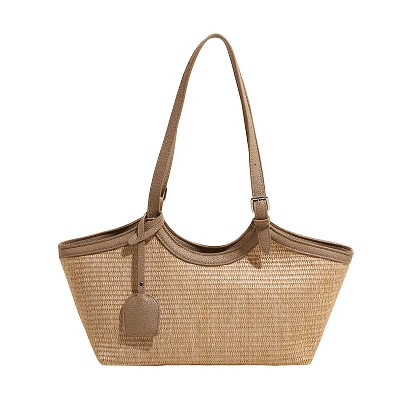 Sac cabas femme en paille tressée et similicuir, zippé, gris