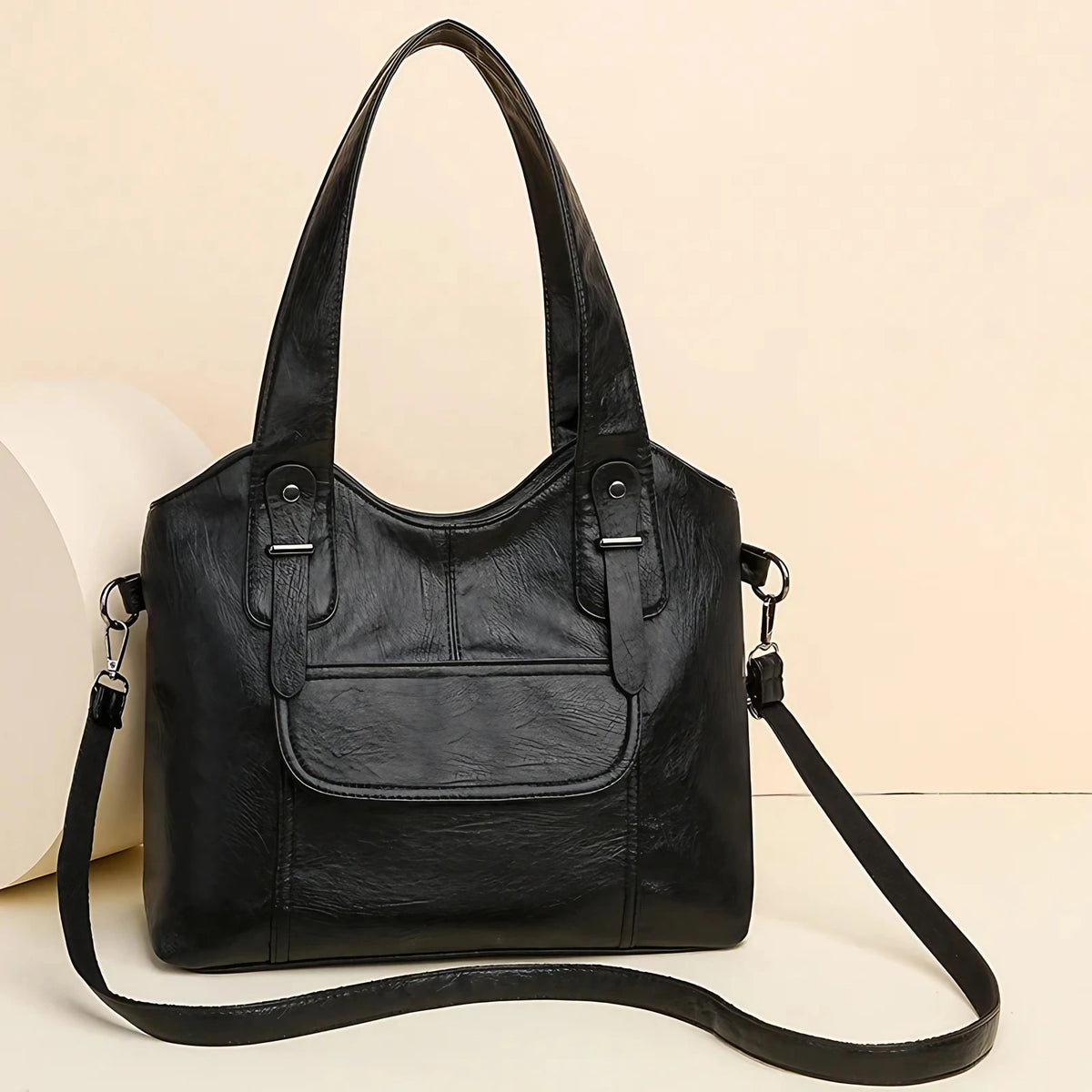 Sac à main femme en similicuir, bandoulière amovible, six coloris, noir