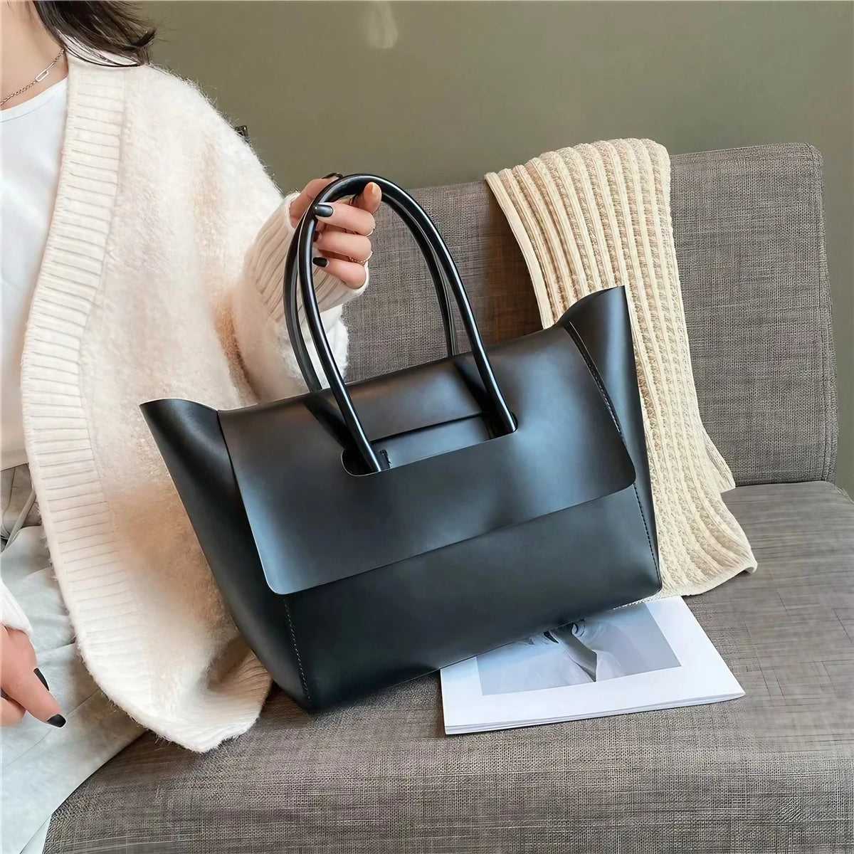 Grand sac à main femme à rabat en similicuir, 40 x 23 cm
