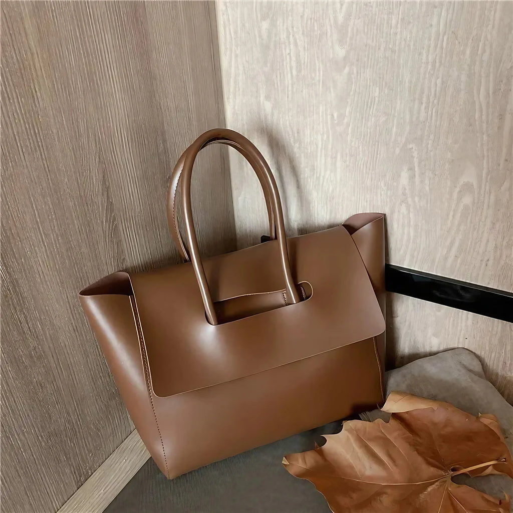 Grand sac à main femme à rabat en similicuir, 40 x 23 cm, marron