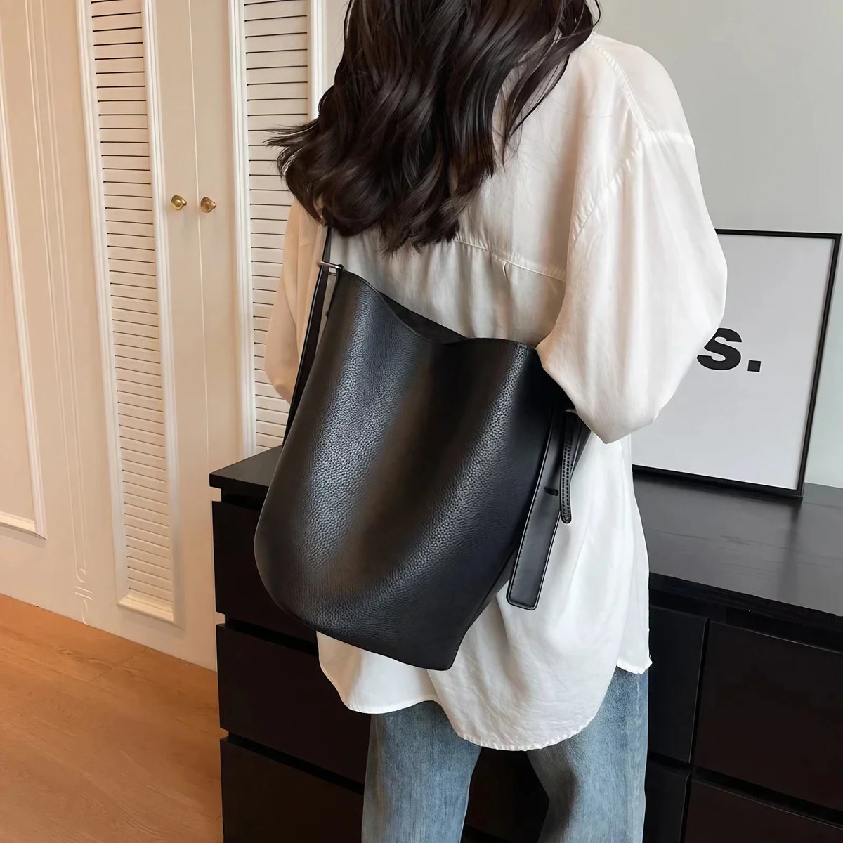 Sac seau femme en similicuir grainé, pochette amovible