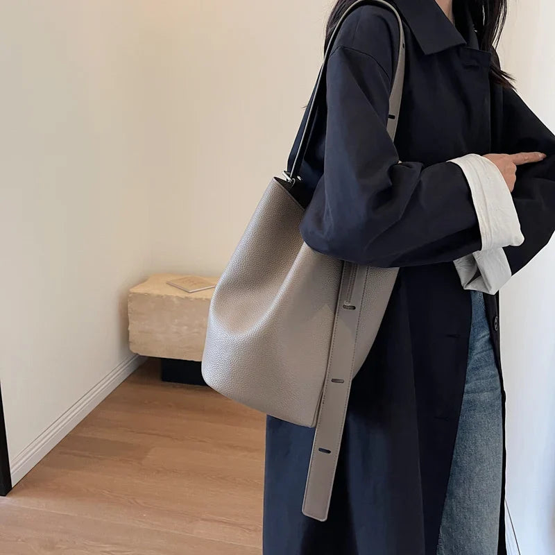 Sac seau femme en similicuir grainé, pochette amovible