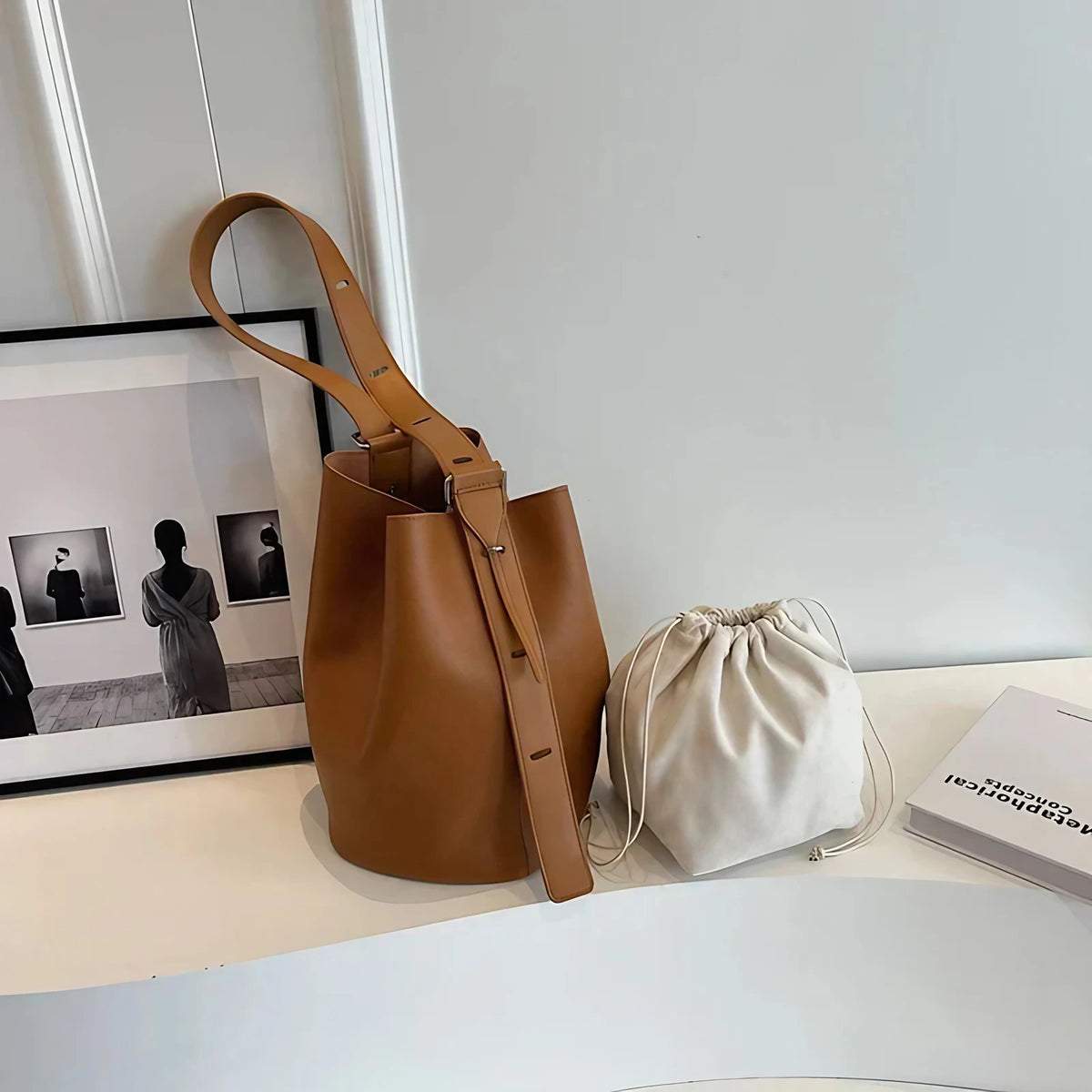 Sac seau femme en similicuir grainé, pochette amovible, caramel
