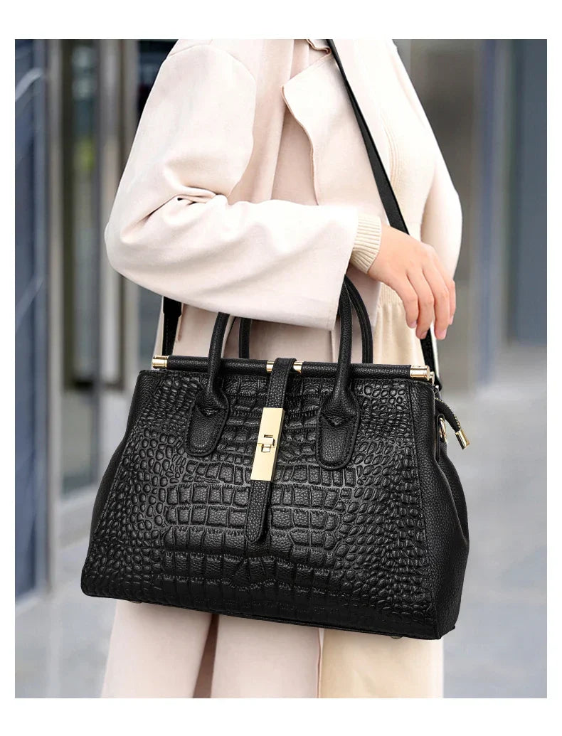 Sac à main femme noir effet croco, structuré, 28 x 21,5 cm