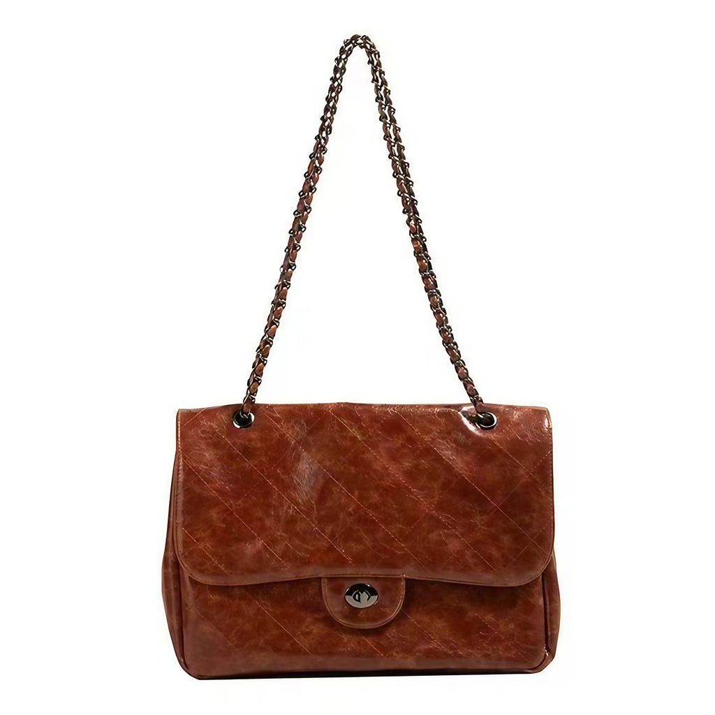 Sac à main femme à double chaîne et rabat, en similicuir, marron