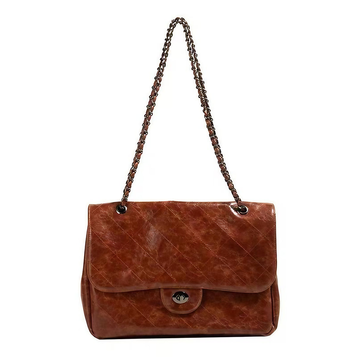 Sac à main femme à double chaîne et rabat, en similicuir, marron
