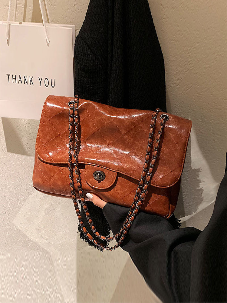 Sac à main femme à double chaîne et rabat, en similicuir