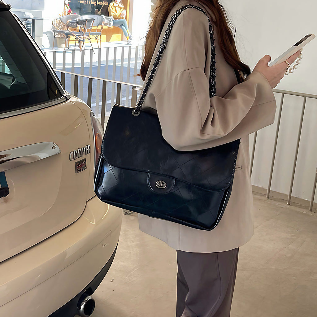 Sac à main femme à double chaîne et rabat, en similicuir, noir