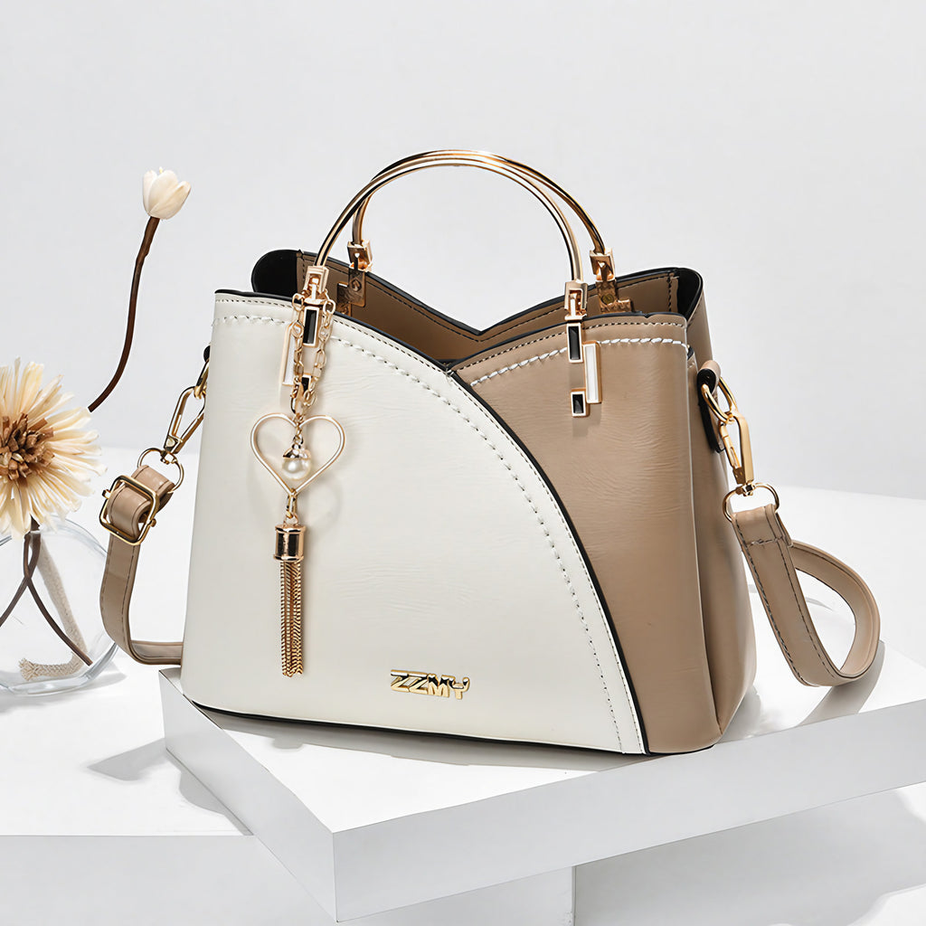 Sac à main femme bicolore à bandoulière réglable, six coloris, blanc et marron