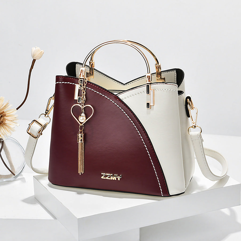 Sac à main femme bicolore à bandoulière réglable, six coloris, bordeaux et blanc