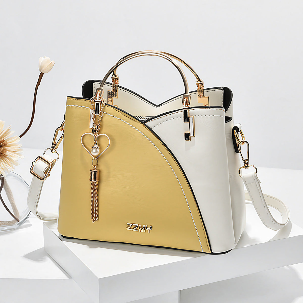 Sac à main femme bicolore à bandoulière réglable, six coloris, jaune et blanc