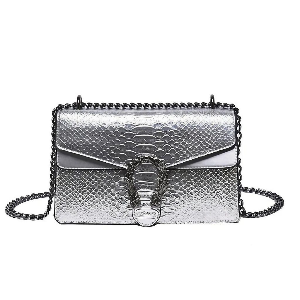 Sac à main femme à bandoulière rembourrée, 25 x 18 x 10 cm, argenté