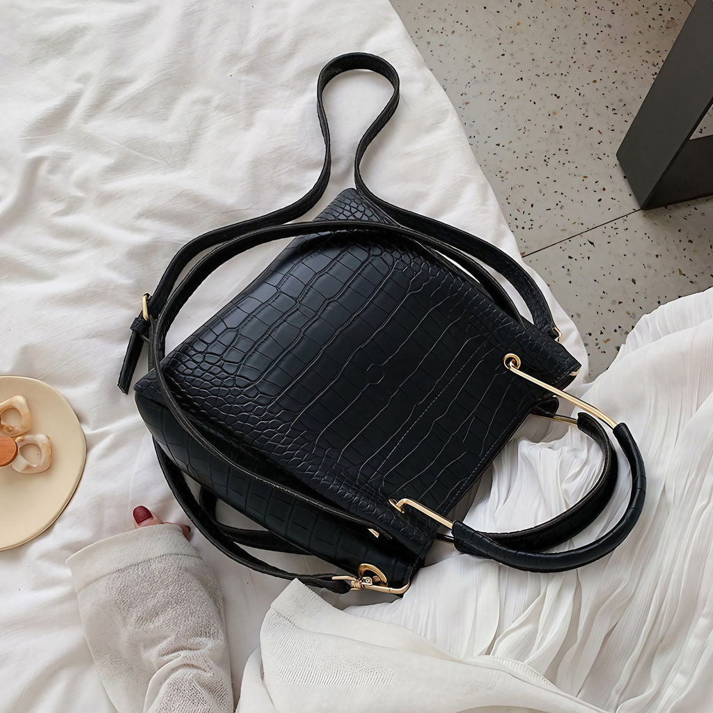 Sac à main femme effet croco noir, bandoulière amovible, noir