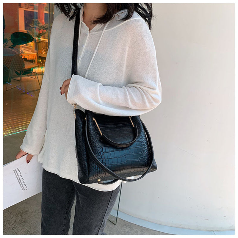 Sac à main femme effet croco noir, bandoulière amovible