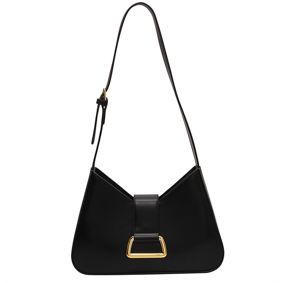 Sac à main noir femme en similicuir, rabat à loquet doré, noir