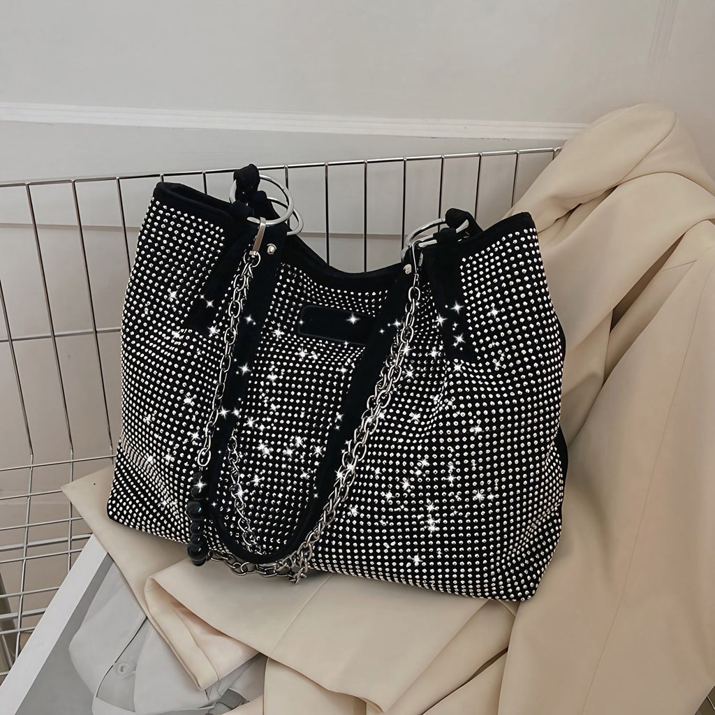 Sac bourse noir femme à strass et détails argentés, 32 x 25 cm, noir