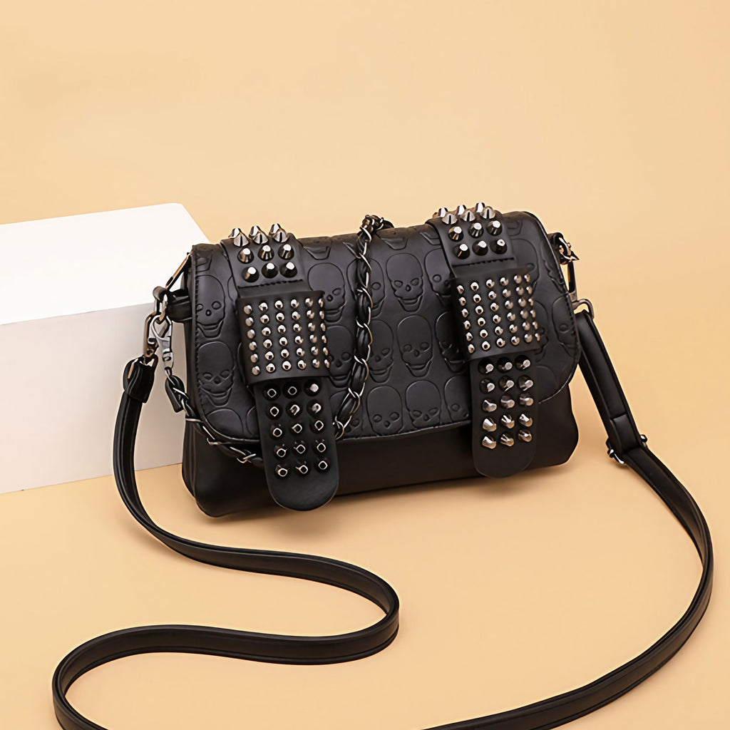 Sac à main noir femme style rock à clous, rabat et anse réglable, noir