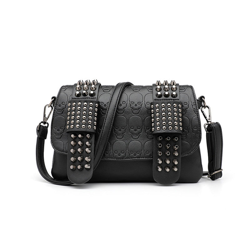 Sac à main noir femme style rock à clous, rabat et anse réglable