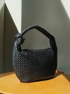 Sac à main rond tressé noir femme, nœuds décoratifs