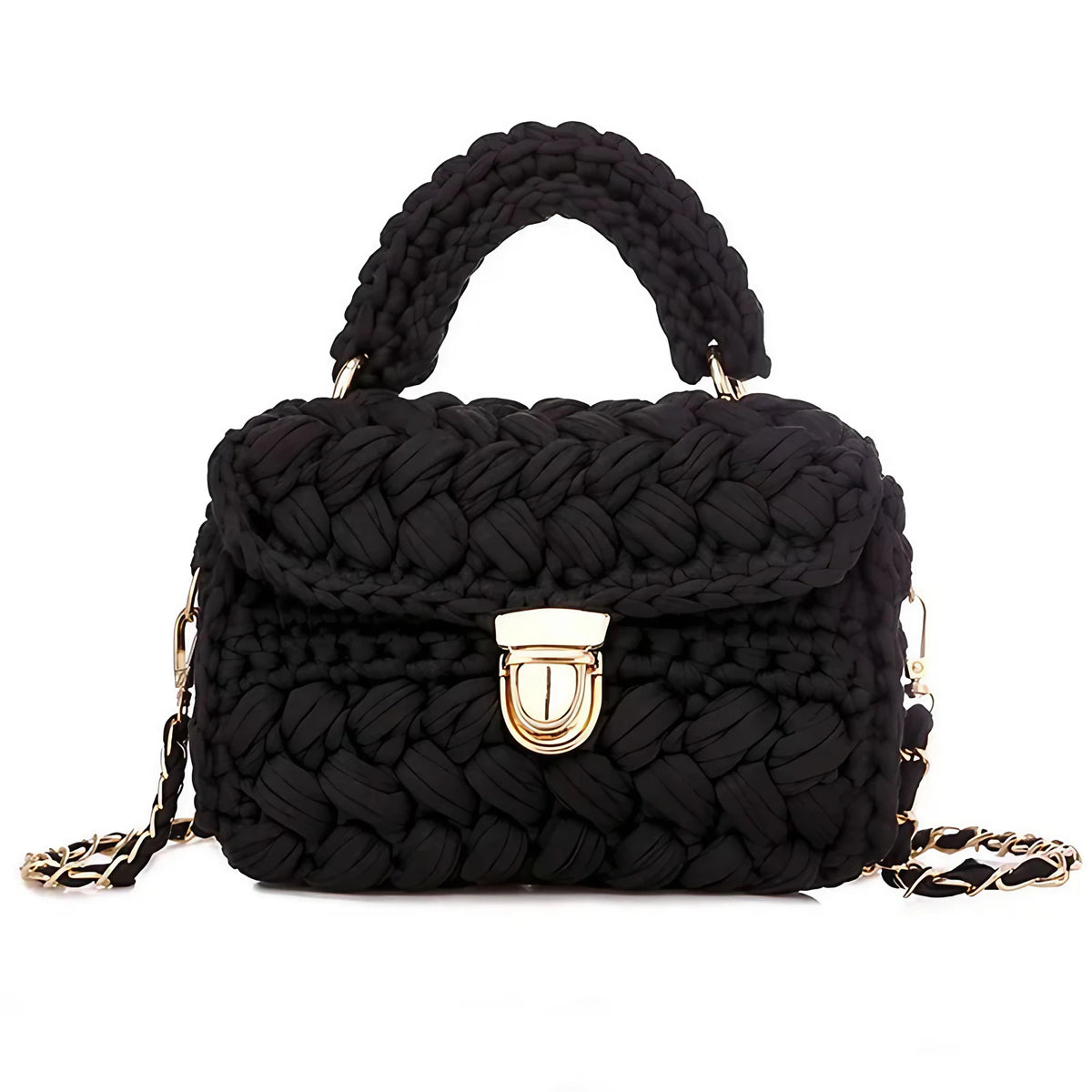 Petit sac en crochet femme, rabat et fermoir doré, 18 x 14 cm, noir