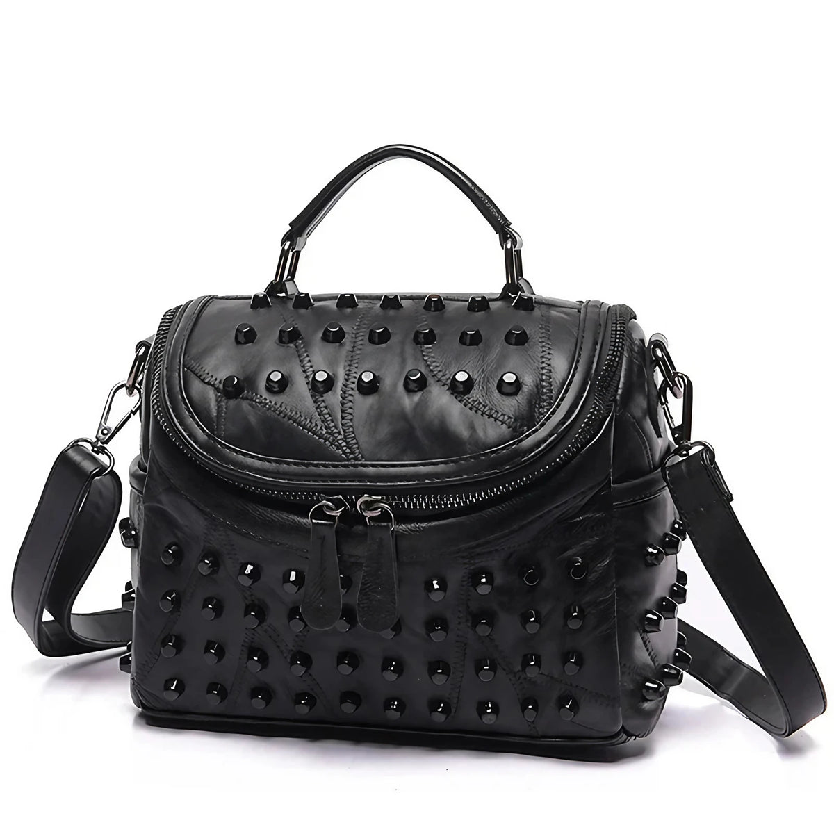Sac à main carré noir rock, clous et aspect vieilli, noir
