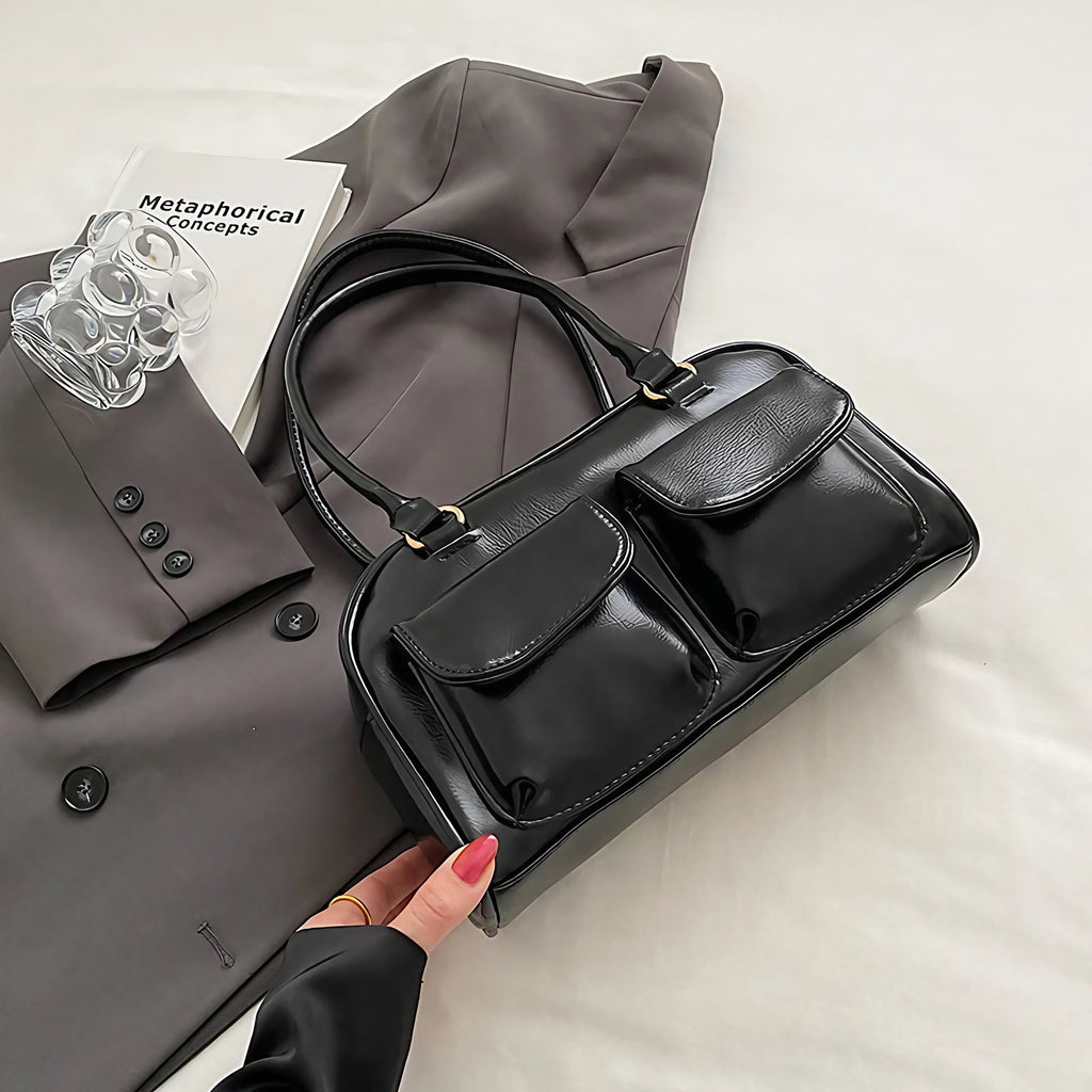 Petit sac à main rétro en similicuir vieilli, multipoches, noir