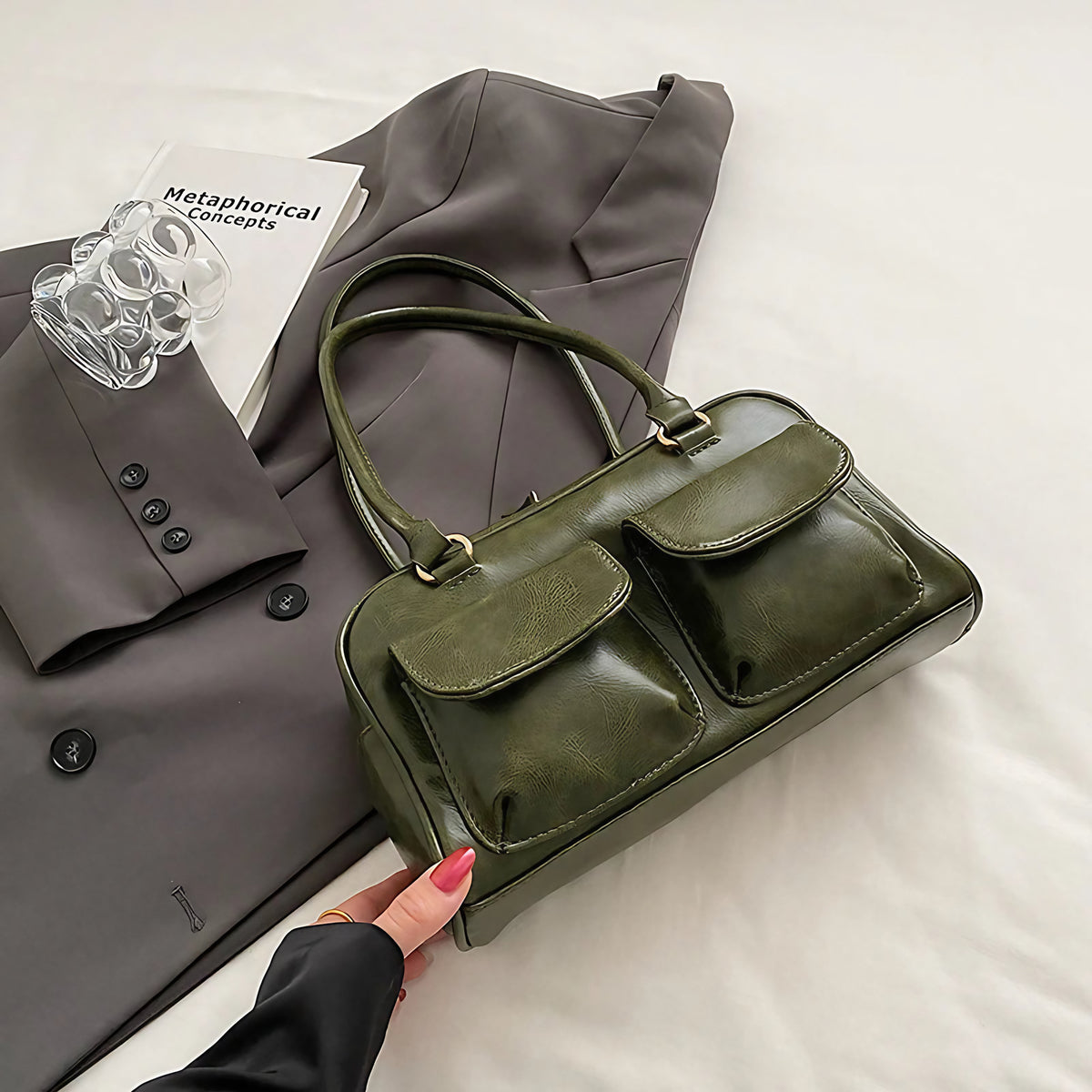 Petit sac à main rétro en similicuir vieilli, multipoches, vert