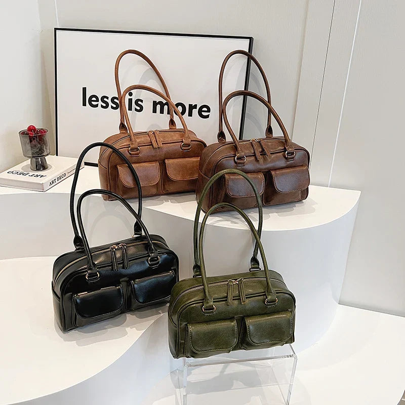 Petit sac à main rétro en similicuir vieilli, multipoches