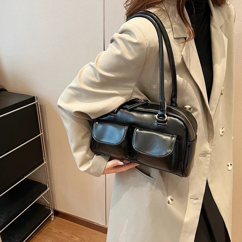 Petit sac à main rétro en similicuir vieilli, multipoches