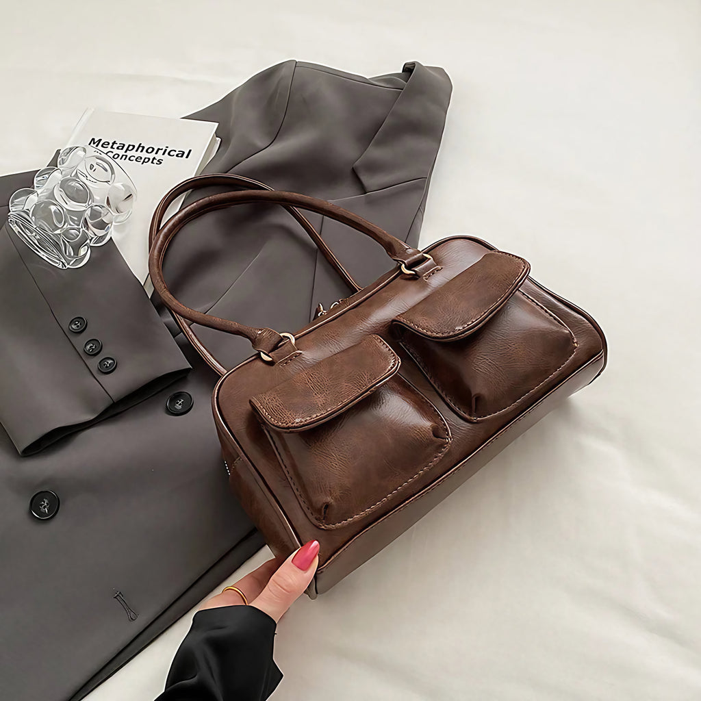 Petit sac à main rétro en similicuir vieilli, multipoches, marron
