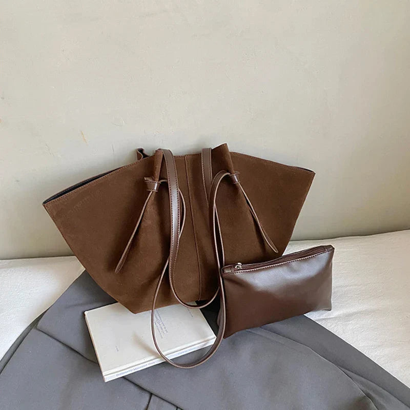 Grand sac cabas femme en suédine, anses rigides, pochette zippée, café