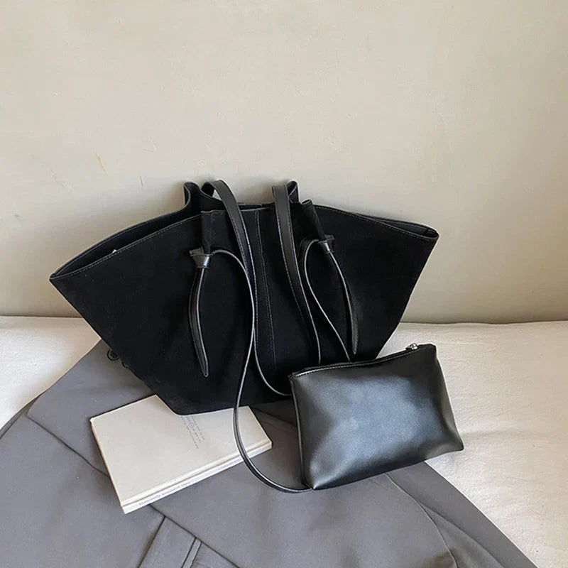 Grand sac cabas femme en suédine, anses rigides, pochette zippée, noir