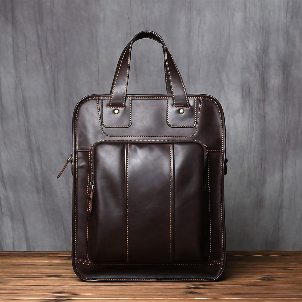 Sac à main homme en cuir, forme verticale, ordinateur 15 pouces, café