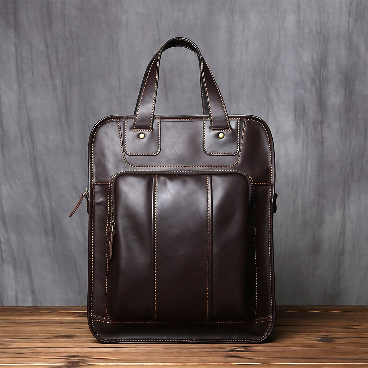 Sac à main homme en cuir, forme verticale, ordinateur 15 pouces, café