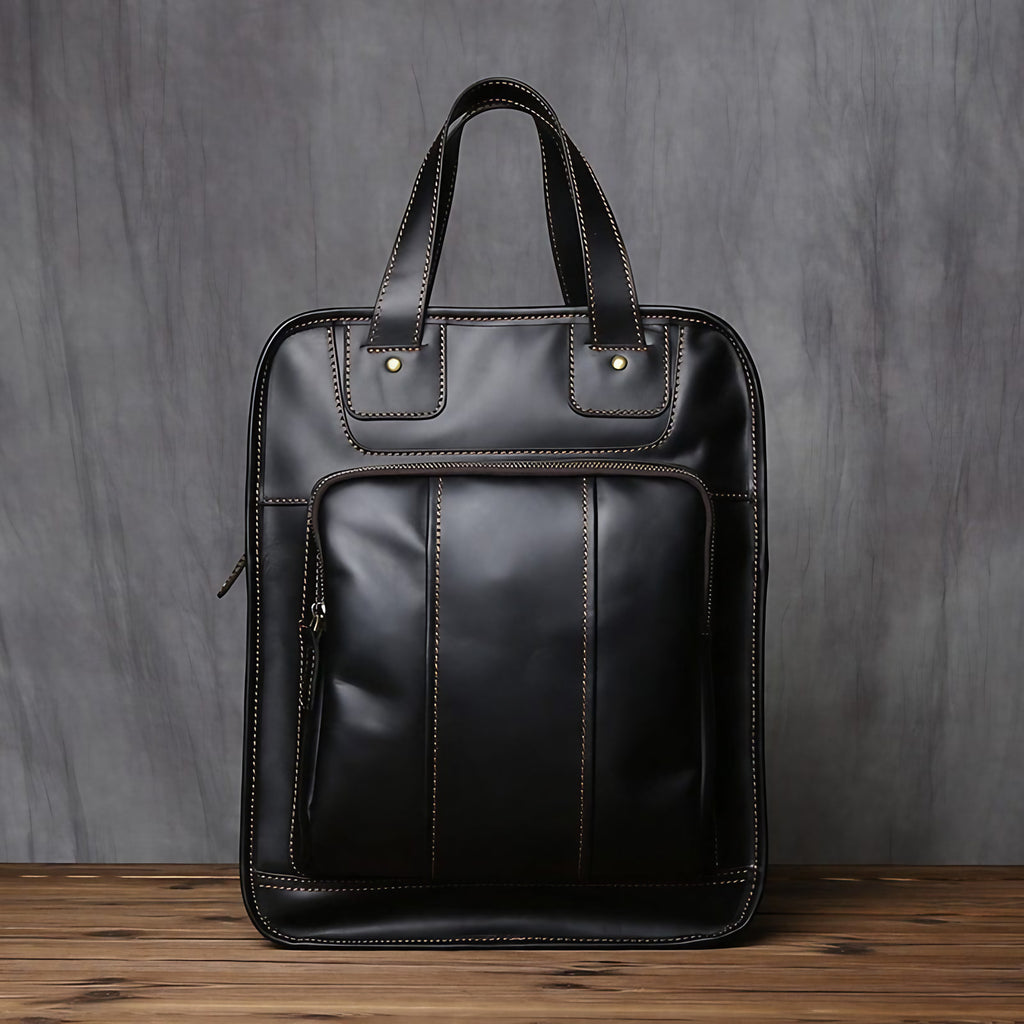 Sac à main homme en cuir, forme verticale, ordinateur 15 pouces, noir