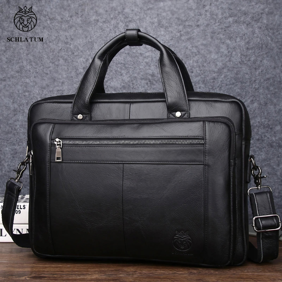 Sacoche homme en cuir noir pour ordinateur 16 pouces, 40 x 28 cm