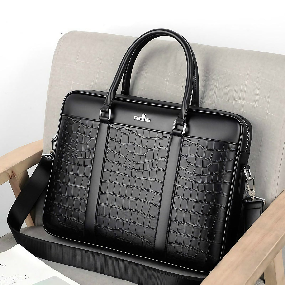 Sac à main homme motif crocodile, ordinateur 14 pouces, noir