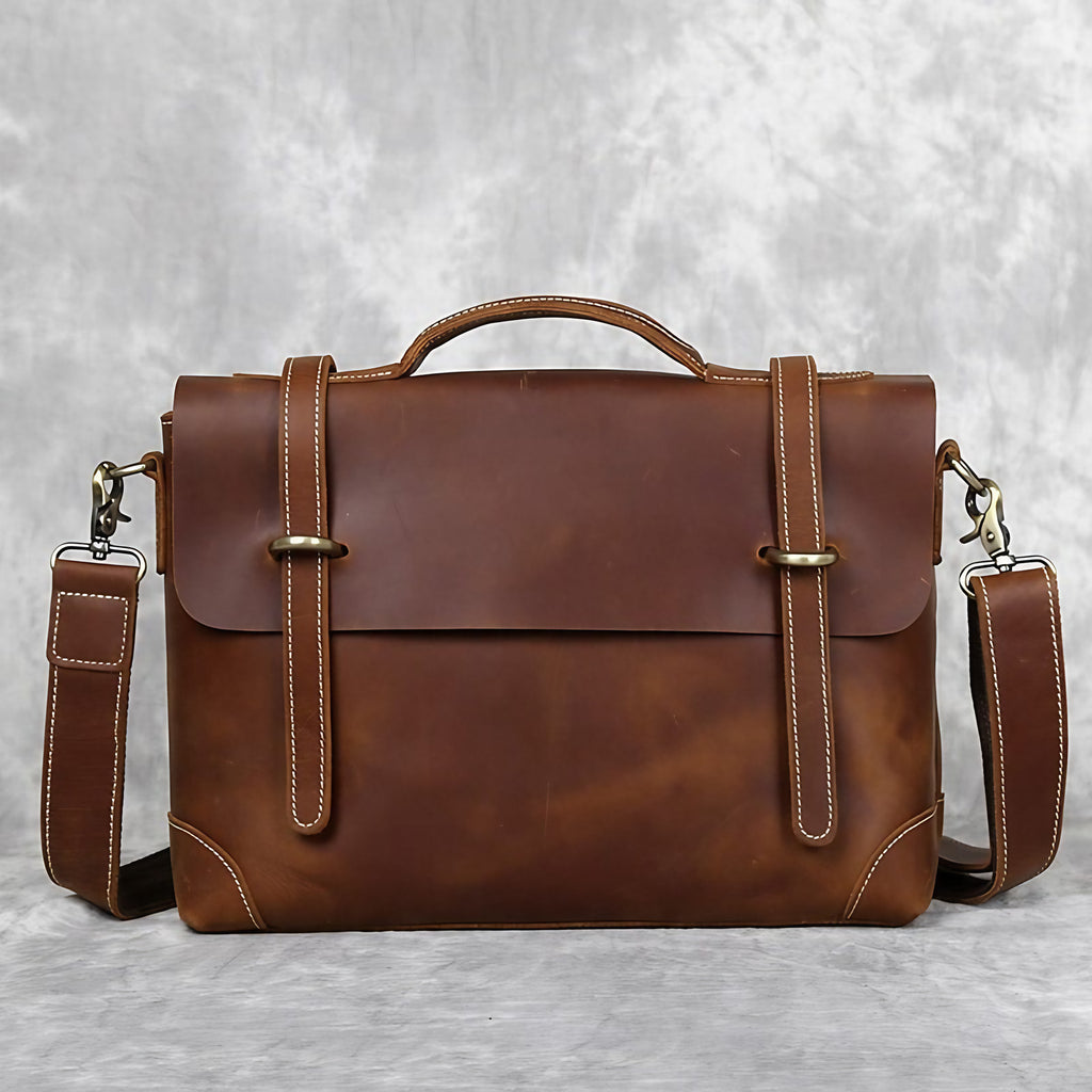 Sacoche homme à poignée rigide en cuir, noir, café ou marron, marron