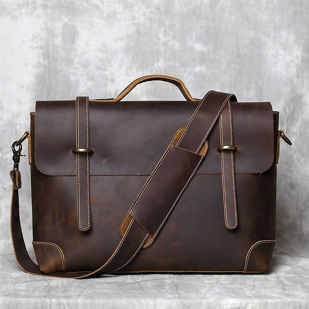 Sacoche homme à poignée rigide en cuir, noir, café ou marron, café