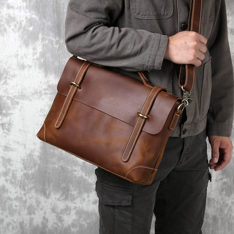 Sacoche homme à poignée rigide en cuir, noir, café ou marron