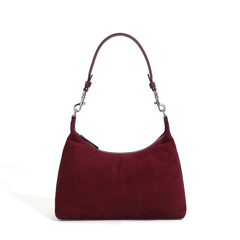 Petit sac à main femme en daim et cuir, poignée courte, lie de vin