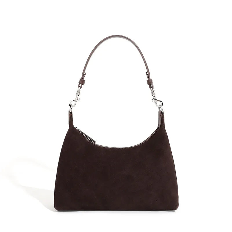 Petit sac à main femme en daim et cuir, poignée courte, café