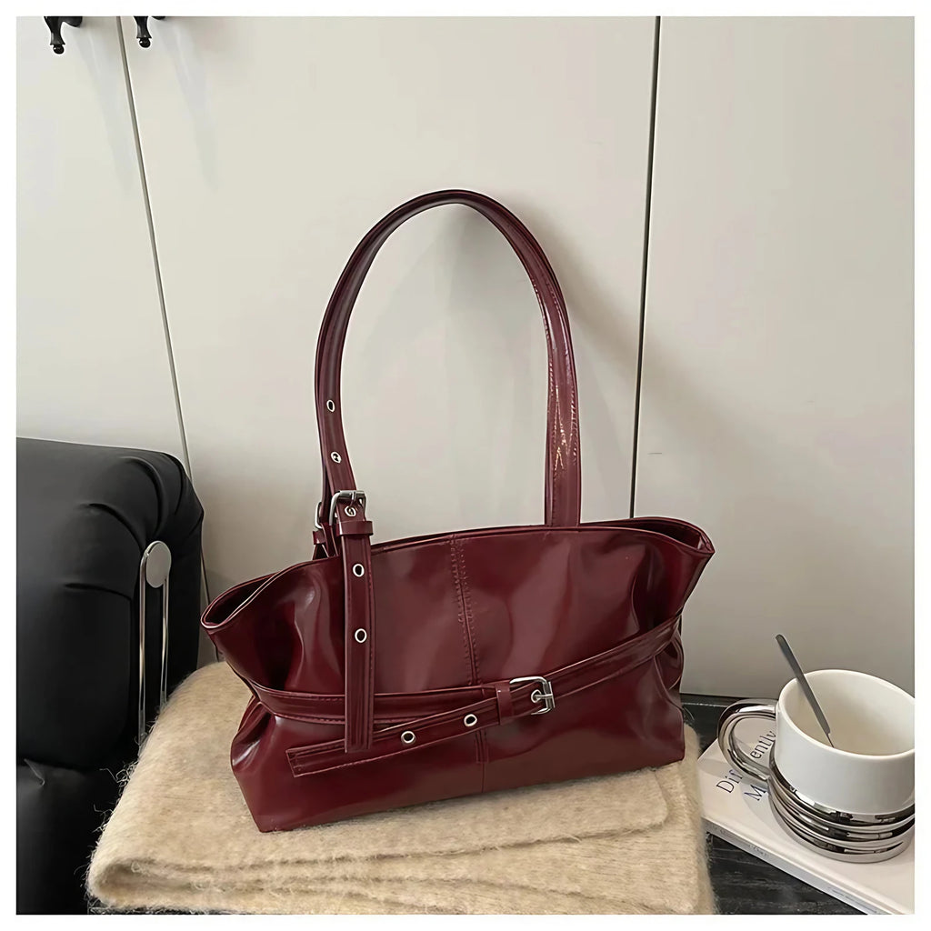 Sac à main femme en similicuir brillant, double anse, rouge