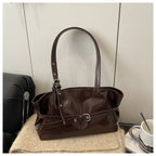 Sac à main femme en similicuir brillant, double anse, café