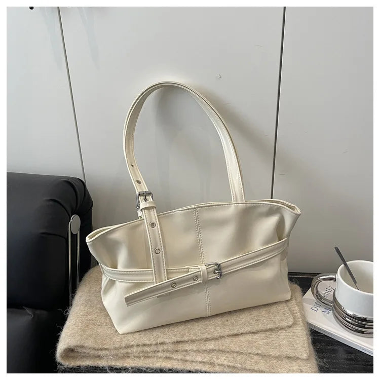 Sac à main femme en similicuir brillant, double anse, blanc