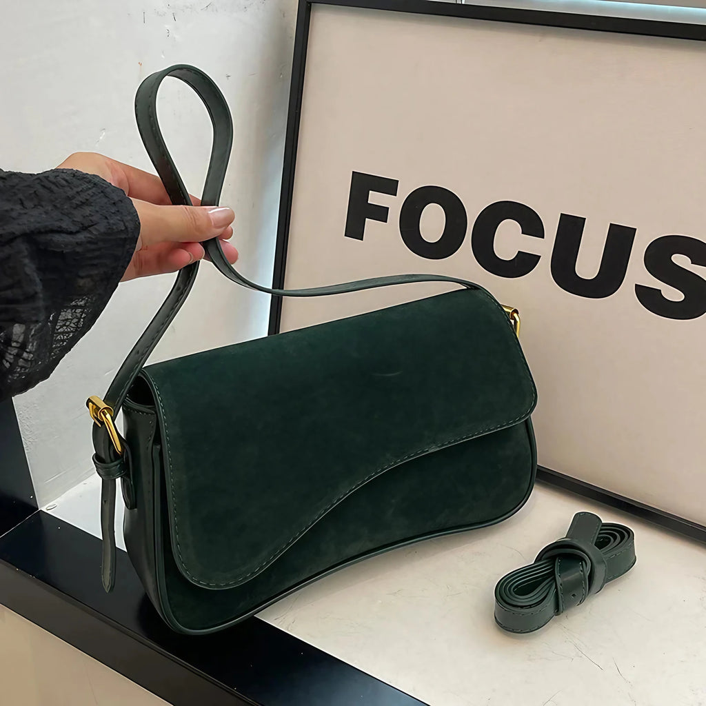 Sac porté épaule femme en suédine et similicuir, à rabat, vert