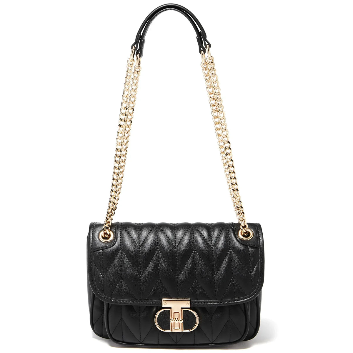 Sac à main matelassé femme, double anse à maillons dorés, noir