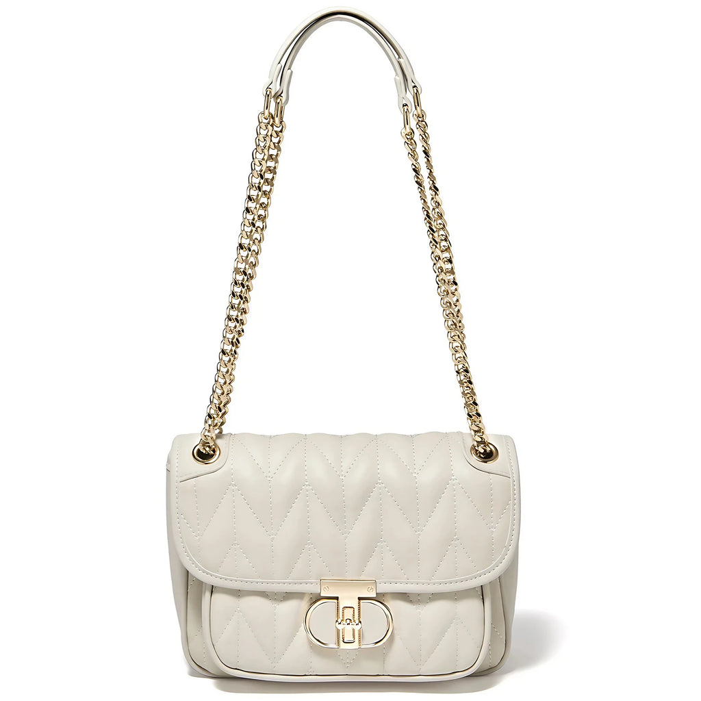 Sac à main matelassé femme, double anse à maillons dorés, blanc crème